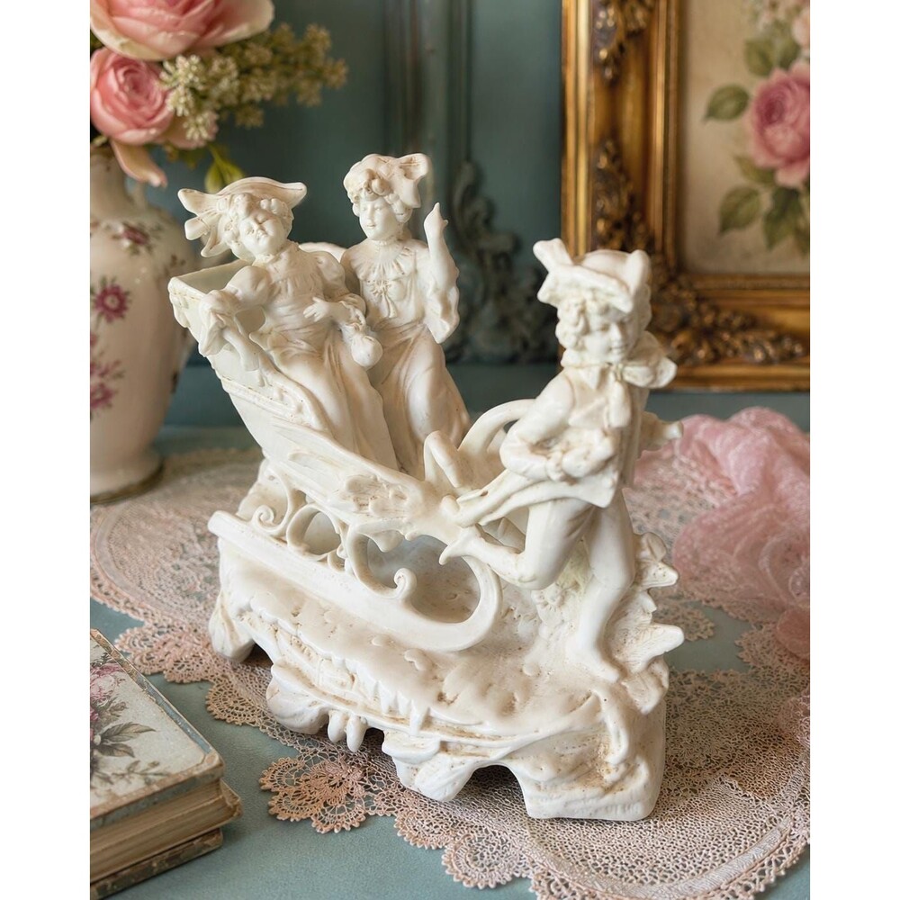Antique German Bisque Porcelain Swan Sleigh Figurine Victorian Style 8”